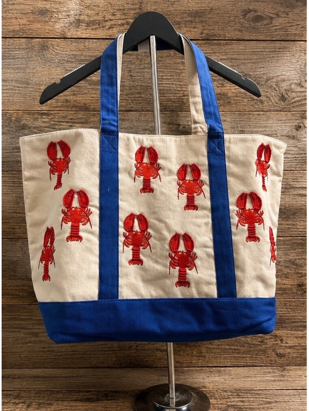 America & Beyond Blue Red Beaded Lobster Beach Large Canvas Tote Bag Nautical NW